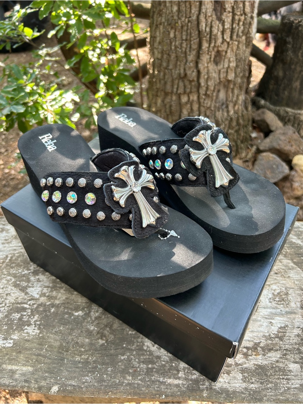 REBA Black Rhinestone Wedge Thong Sandals with Cross Accent